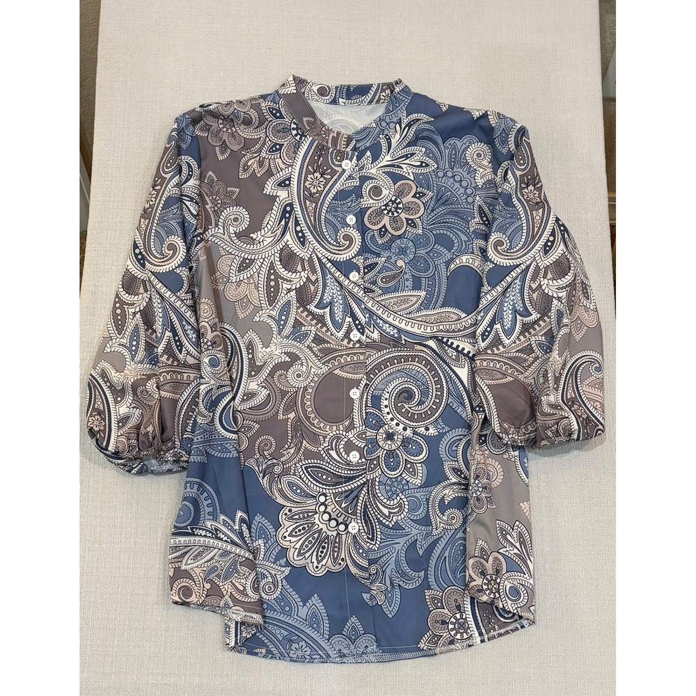 Unbranded Paisley Blouse Women XL Blue Good 3/4 Puff Sleeve Boho Button Up